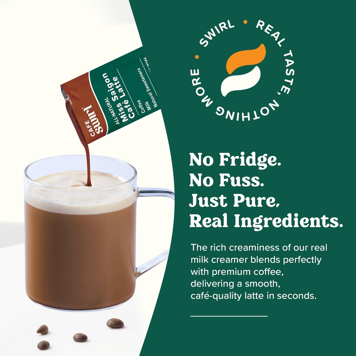Swirl - Miss Saigon Cafe Latte - Vietnamese Inspired Espresso, Milk Blend, Single Serve, Smooth, Sweet, Balanced, No Fridge - 38g per pack 10 packets