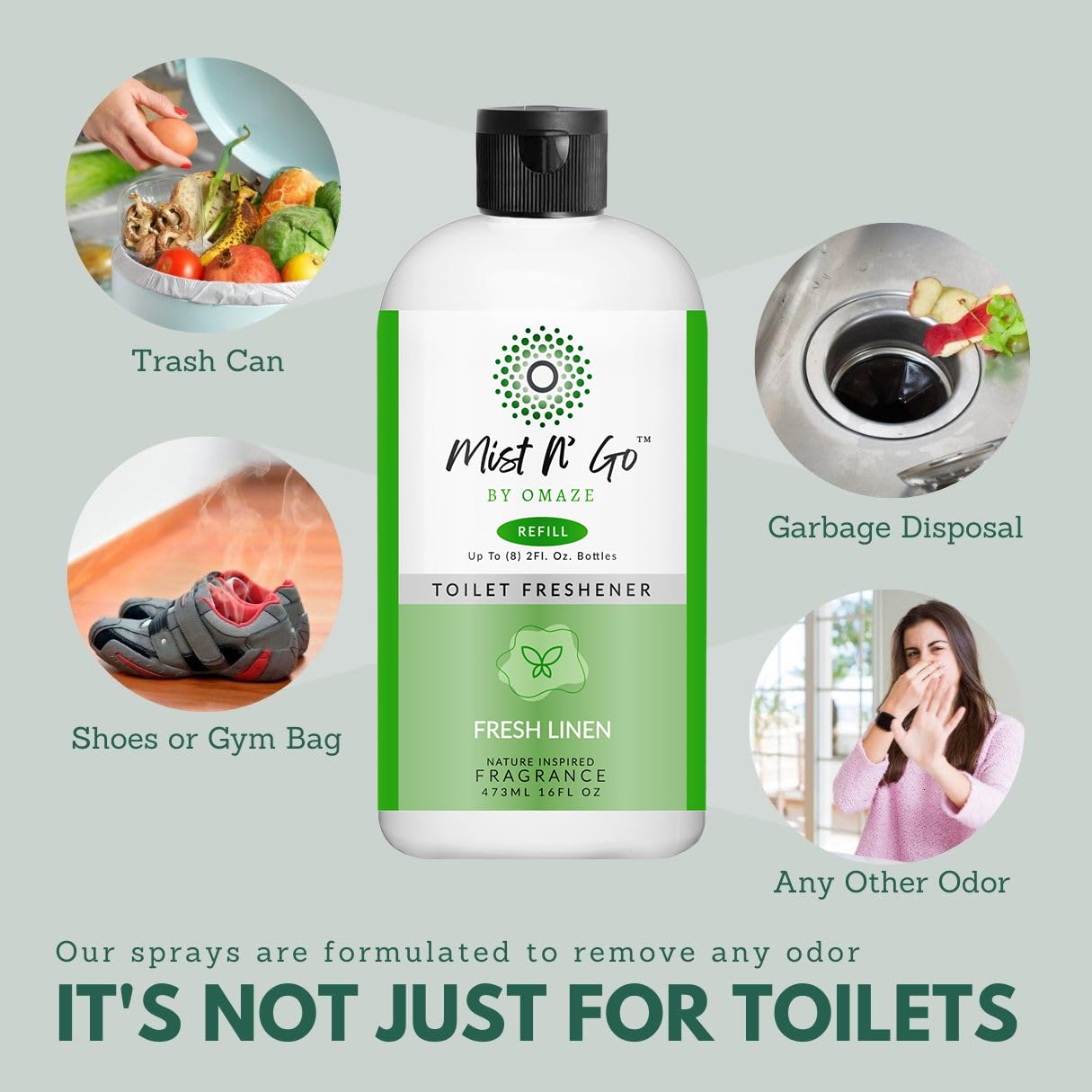 Mist N' Go by OMAZE Bathroom Odor Spray for Toilet Spray Refill Bottle - Multitasking Toilet Spray - Bathroom Spray Odor Eliminator for Strong Odors |