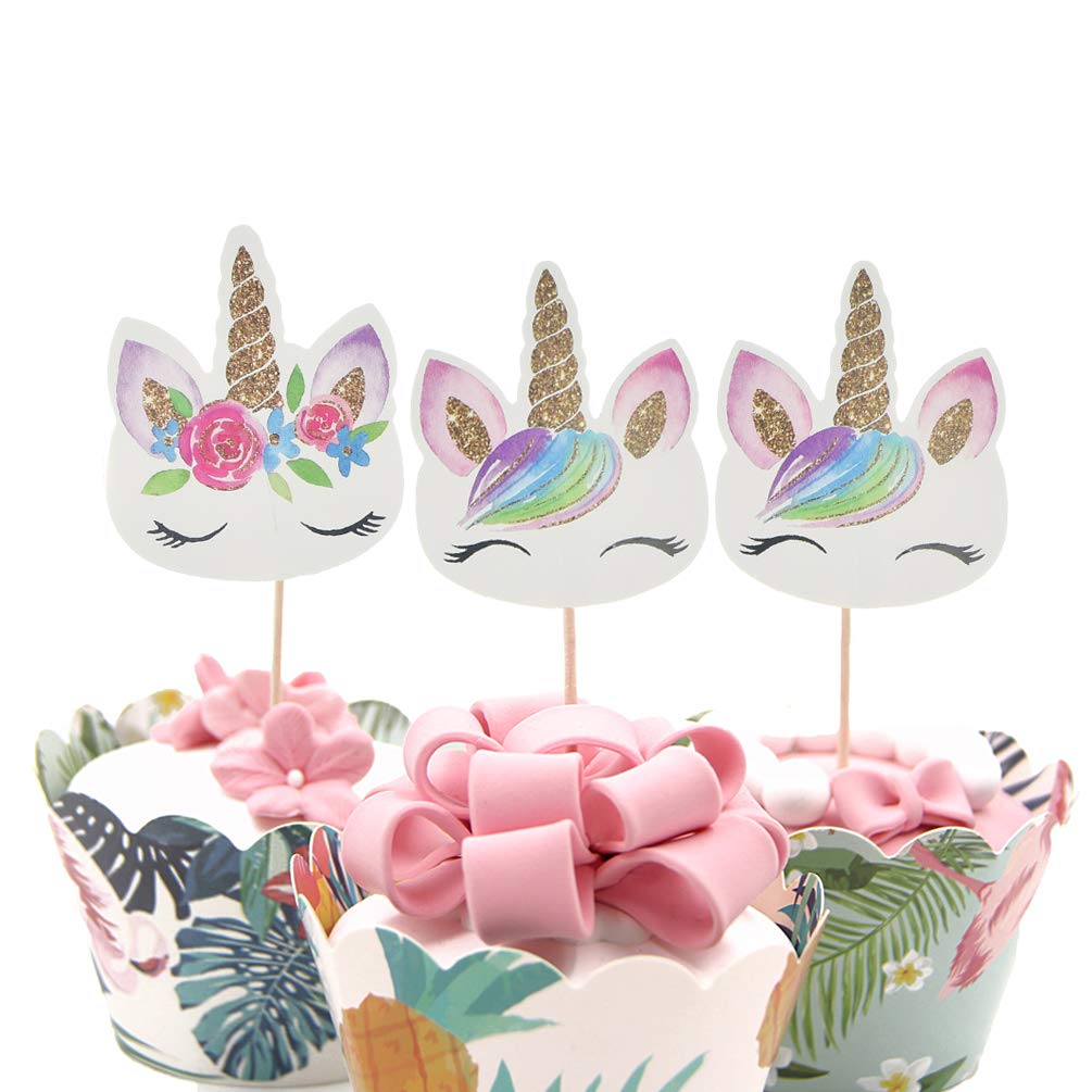 72 Pack Rainbow Unicorn Cupcake Toppers, Double Sided Unicorn Cupcake Toppers Glitter Pegasus for Cupcake Party , Wedding Decoration