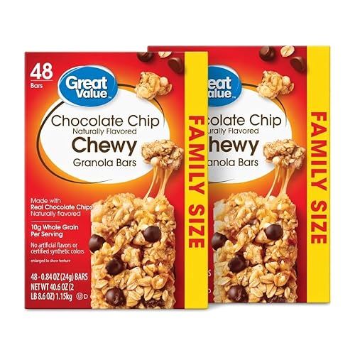 Great Value Chocolate Chip Chewy Granola Bars, Family Size, Made with Real Chocolate Chips, 0.84 oz Bars, 48 Count, Pack of 2, 96 Bars Total
