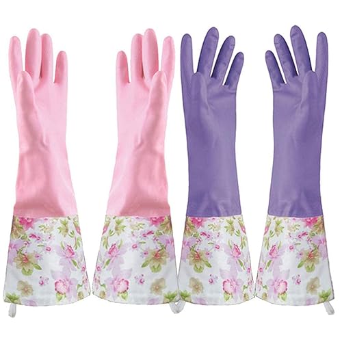 KINGFINGER 2 Pairs Latex-Free Reusable Dishwashing Gloves,PVC Waterproof Long Cuff and Flock Lining Household Cleaning Gloves,for Kitchen & Bathroom