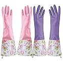 KINGFINGER 2 Pairs Latex-Free Reusable Dishwashing Gloves,PVC Waterproof Long Cuff and Flock Lining Household Cleaning Gloves,for Kitchen & Bathroom