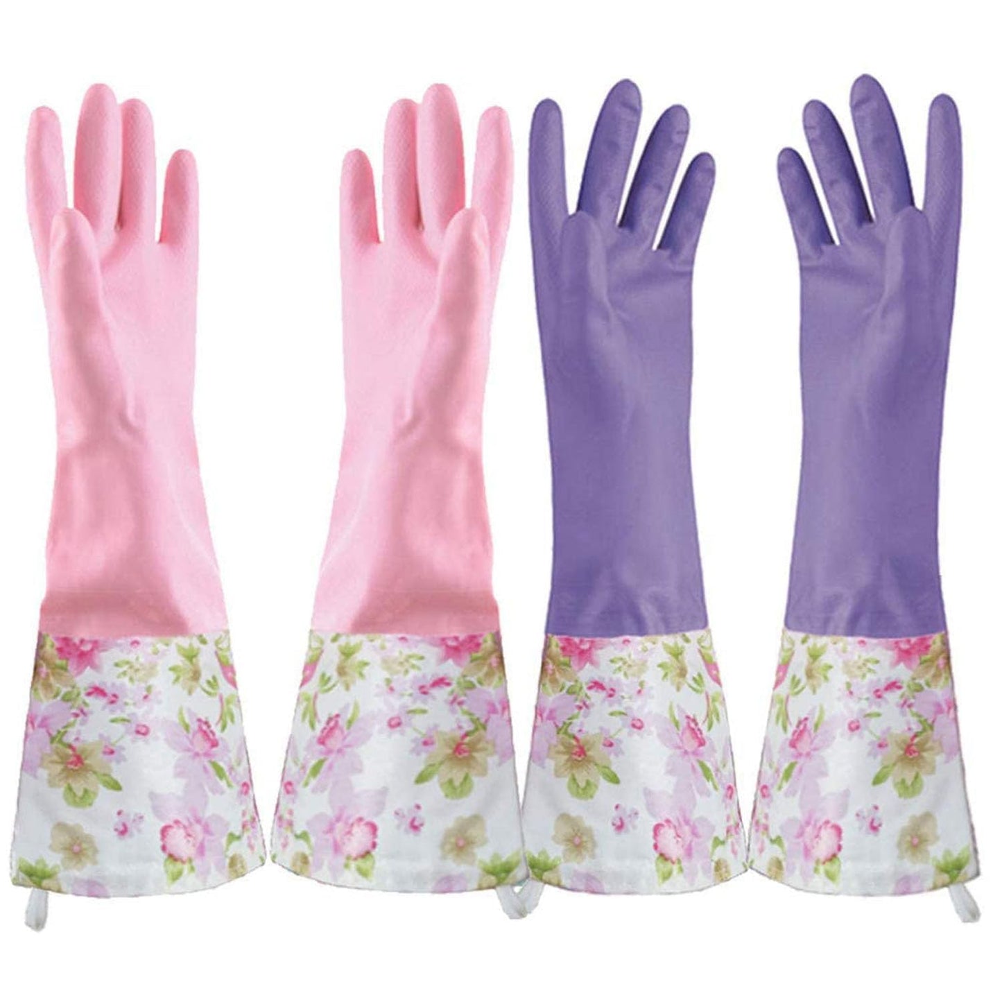 KINGFINGER 2 Pairs Latex-Free Reusable Dishwashing Gloves,PVC Waterproof Long Cuff and Flock Lining Household Cleaning Gloves,for Kitchen & Bathroom