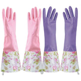 KINGFINGER 2 Pairs Latex-Free Reusable Dishwashing Gloves,PVC Waterproof Long Cuff and Flock Lining Household Cleaning Gloves,for Kitchen & Bathroom