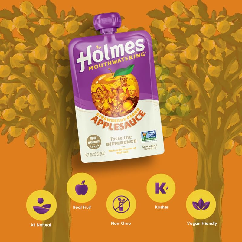 Holmes Mouthwatering Applesauce, Applesauce Squeeze Pouch, Organic Strawberry Applesauce Pouches with Real Chunks of Fruit, No Artificial Flavors