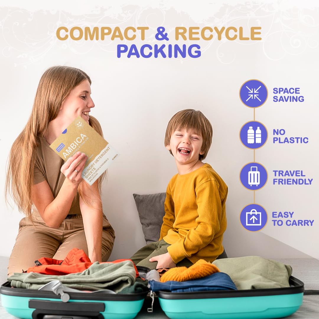 Ambica Travel Laundry Detergent Sheets, Plant-Based Laundry Soap for Fresh Clothes, Hypoallergenic & Free from Harsh Chemicals, Perfect for Sink or