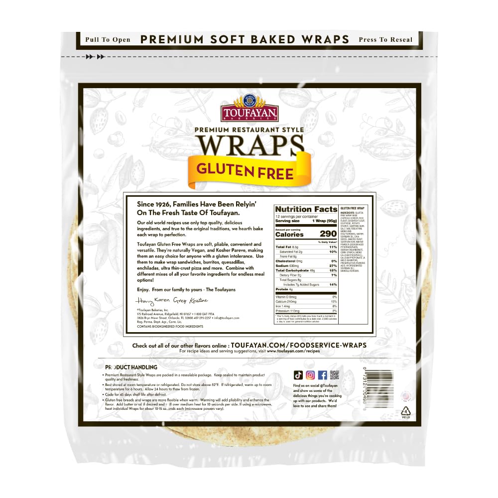 Toufayan Gluten Free 12" Sandwich Wraps - Bulk Wholesale Case, Premium Foodservice Tortillas (6 Pack, 72 Wraps Total)