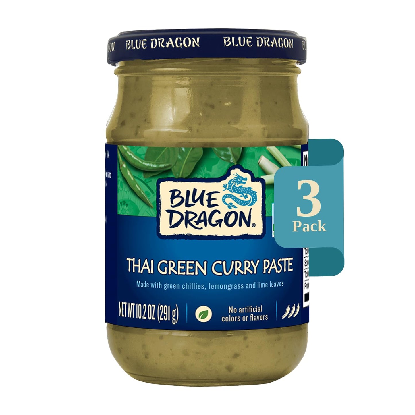 Blue Dragon Thai Green Curry Paste - 10.2oz Jar (Pack of 3) - No Artificial Flavors - Made w/Green Chilies, Kaffir Lime Leaves & Lemongrass