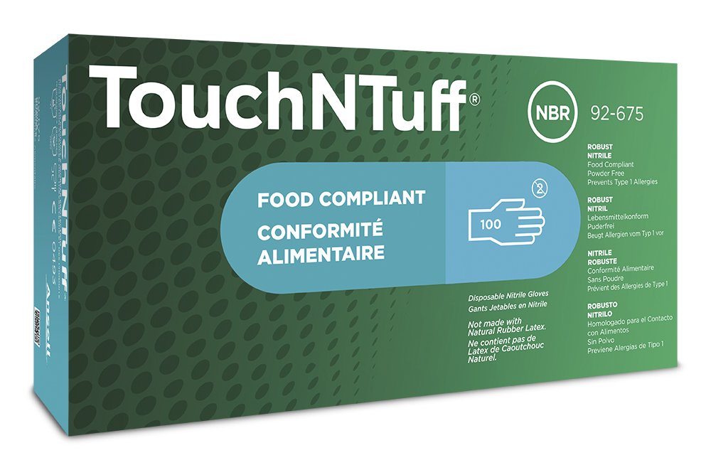 Ansell Touch n Tuff 92-675 Disposable Nitrile Gloves Chemical Protection, Latex-Free, Powder-Free Glove for Food Preparation, Mechanics or DIY
