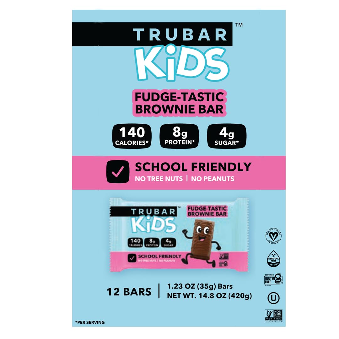 TRUBAR Kids Protein Bars, Fudge-Tastic Brownie, Plant Based Protein, Gluten Free School-Friendly Snacks for Lunchboxes, Tree Nut and Peanut Free, Low