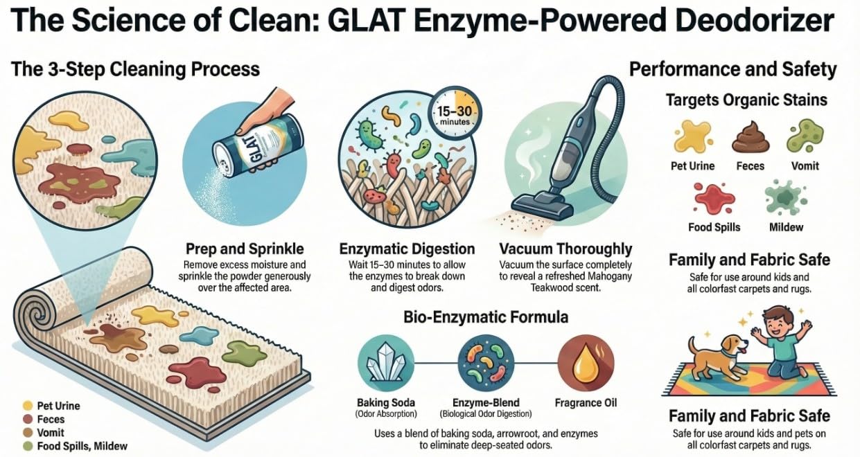 GLAT Group Enzyme-Powered Carpet Deodorizer (Powder) - Mahogany Teakwood | Natural Pet Odor Eliminator | Bio-Enzymatic Formula, Premium Performance