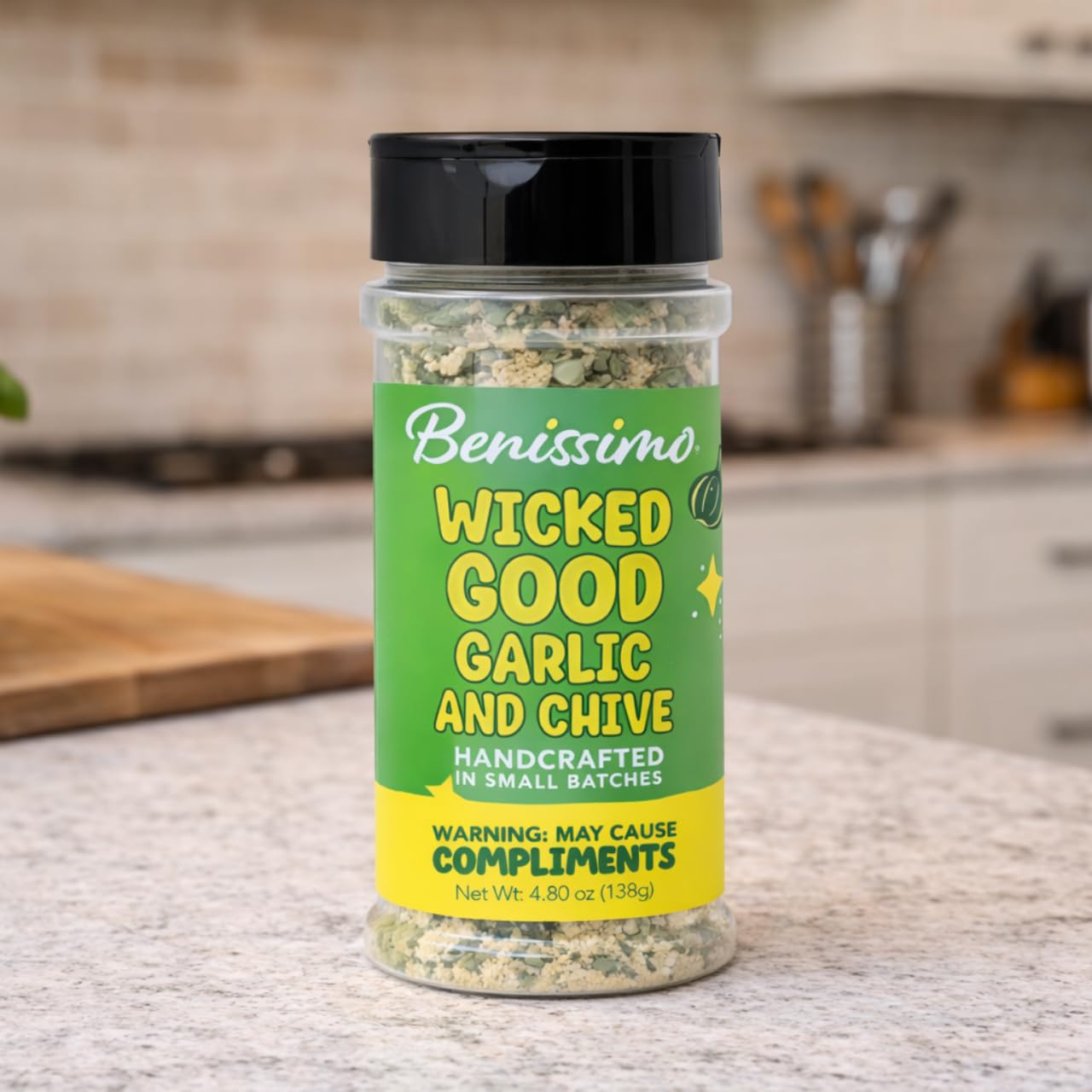 Benissimo Garlic & Chive Crystal Seasoning, Savory Blend for Chicken, Beef, Pork, Vegetables, Eggs, Pasta, Soups, Marinades & Everyday Cooking