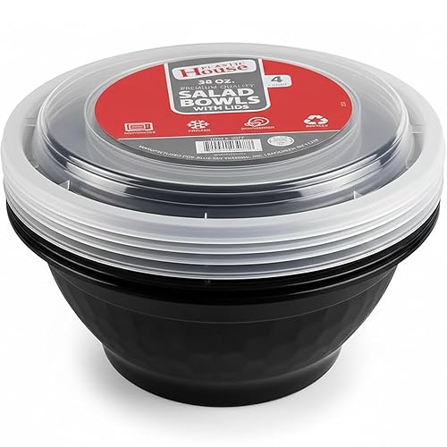 Plastic House Black Plastic Salad Bowls with Lids - 38 oz | Pack of 4