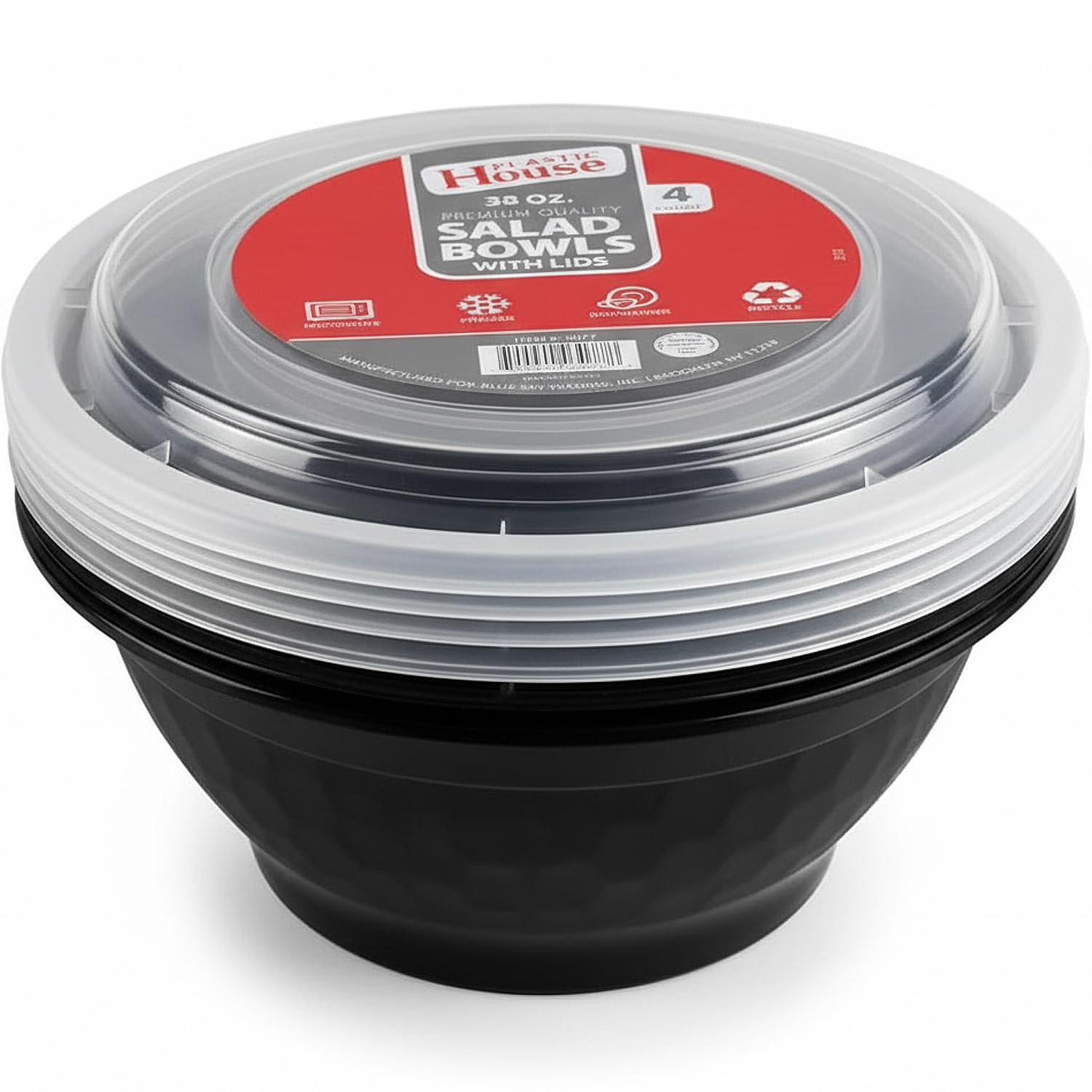 Plastic House Black Plastic Salad Bowls with Lids - 38 oz | Pack of 4