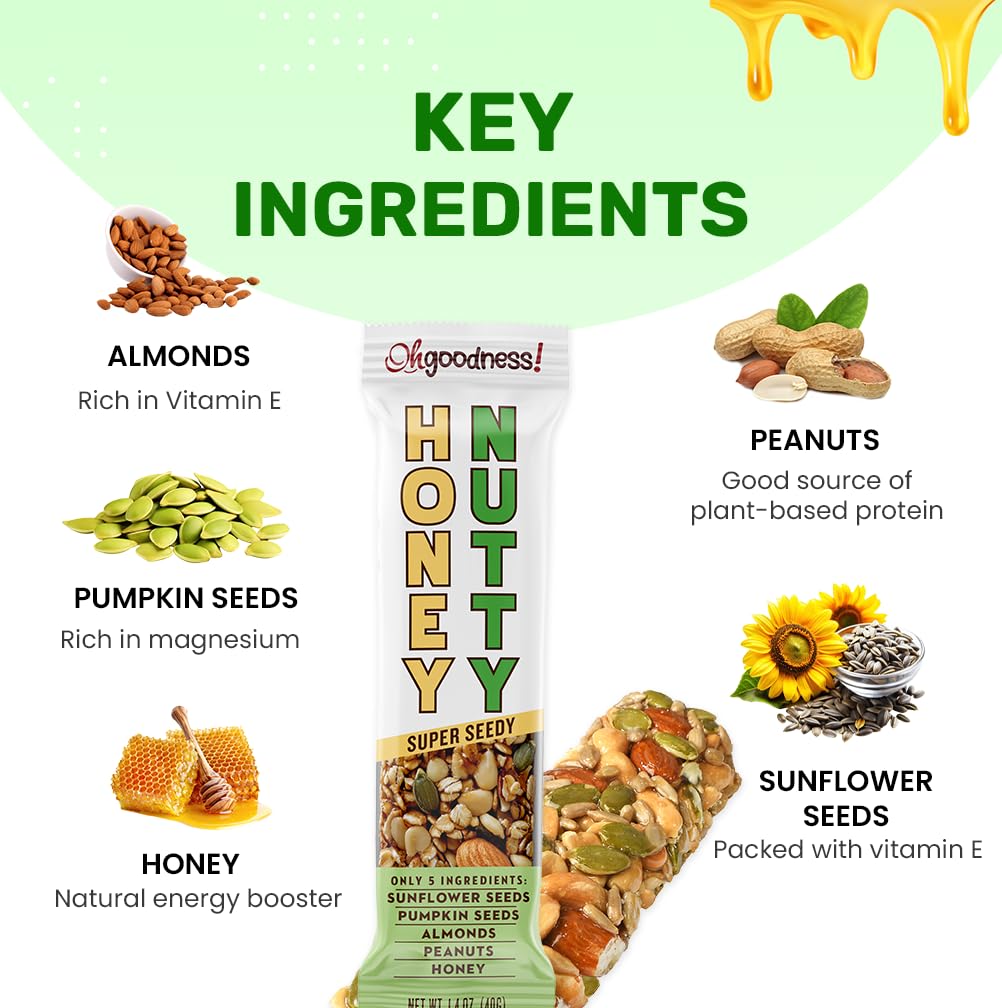 Oh Goodness! Honey Nutty-Nut Bars 16 Pack. All Natural, No Preservatives, No Artificial Flavors, Non GMO, Kosher, Honey Sweetened