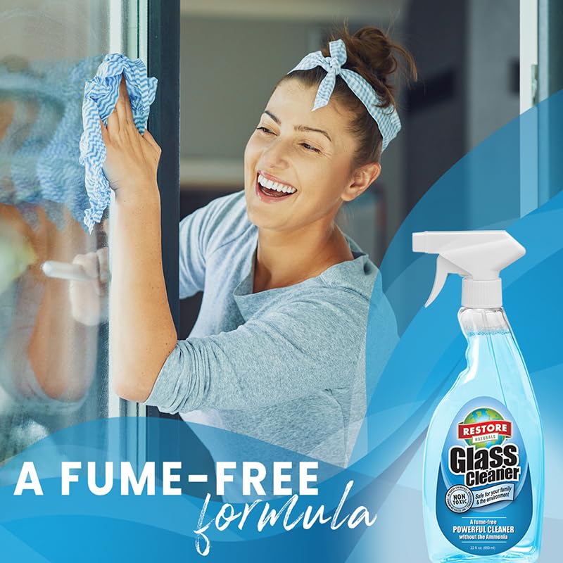 Restore Naturals 22oz Non Toxic Glass Cleaner Spray - Ammonia Free | Fume Free | Plant Based | Biodegradable - 3 Pack