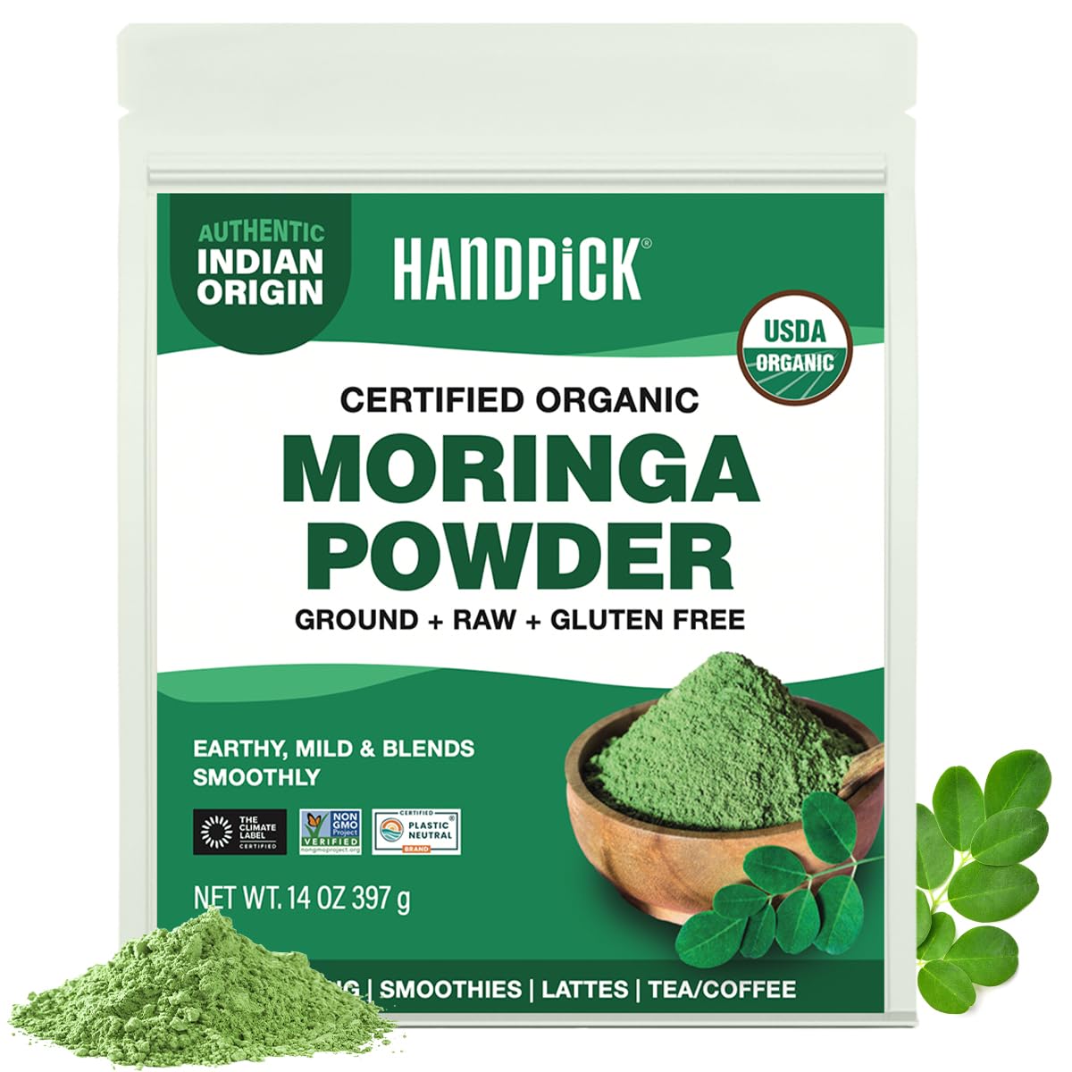 HANDPICK USDA Organic Moringa Powder (397g/14oz) Pure Moringa Oleifera Leaf Powder | Authentic Indian Origin | Gluten Free, Non-GMO | Perfect