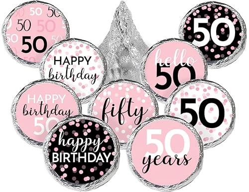 Pink, Black, and White 50th Birthday Party Favor Chocolate Kisses Candy Stickers - 180 Count