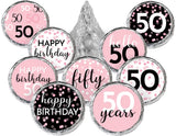 Pink, Black, and White 50th Birthday Party Favor Chocolate Kisses Candy Stickers - 180 Count