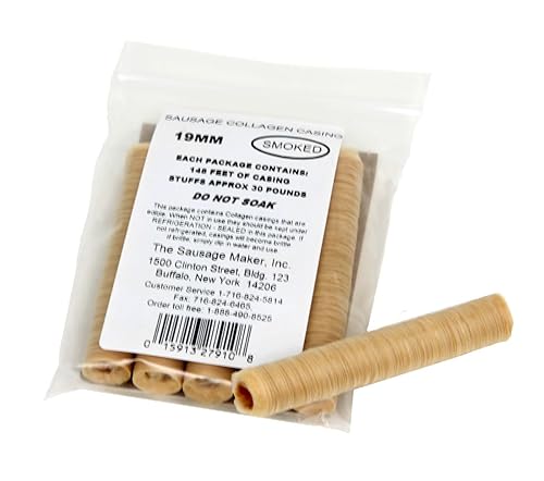 The Sausage Maker® 19mm Collagen Casings For Sausage Making, Edible, Clear, Smoked Beef Collagen Sticks, 3/4” Diameter Snack Stick Casings, 148 Feet