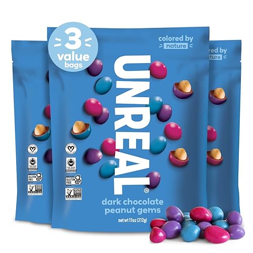 UNREAL Dark Chocolate Peanut Gems (3 Value Size Bags) | Vegan with Colors from Nature | Fair Trade, Non-GMO, & Gluten Free Ingredients | No Sugar