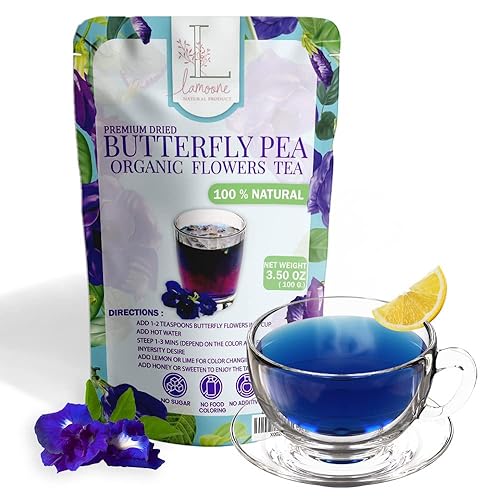 BIG VALUE PACK Blue Tea - Lamoone Premium Organic Dried Butterfly Pea, Purple Tea, Violet Tea, Non - GMO, 100g. (3.52 OZ) Rich Antioxidants. Natural