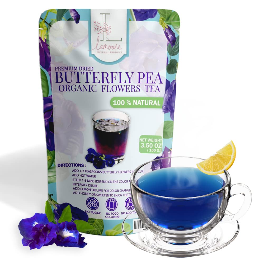 BIG VALUE PACK Blue Tea - Lamoone Premium Organic Dried Butterfly Pea, Purple Tea, Violet Tea, Non - GMO, 100g. (3.52 OZ) Rich Antioxidants. Natural