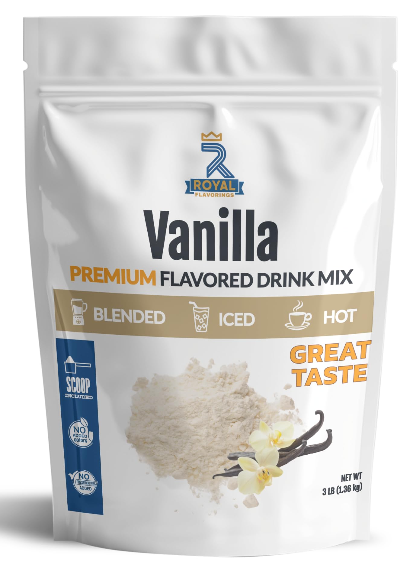 Royal Flavorings Vanilla Premium Flavored Frappe Drink Mix for Blended, Iced or Hot Drinks, Stand up Resealable Bag 3 Lb.