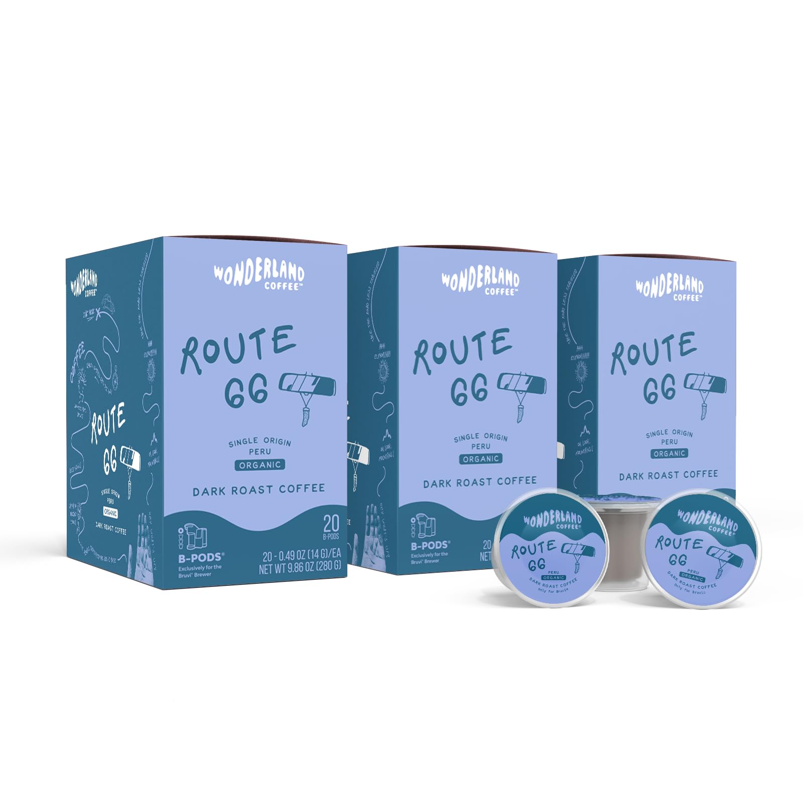 Wonderland Coffee | Route 66 Organic Coffee B-Pods | Only Compatible with Bruvi Single-Serve Coffee Brewer | Includes 60 Pods