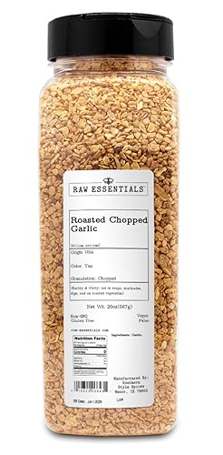 Raw Essentials Roasted Chopped Garlic - Earthy and Nutty Flavor for Soups, Marinades, Dips, and Vegetables - Non-GMO, Gluten-Free, Vegan, Paleo
