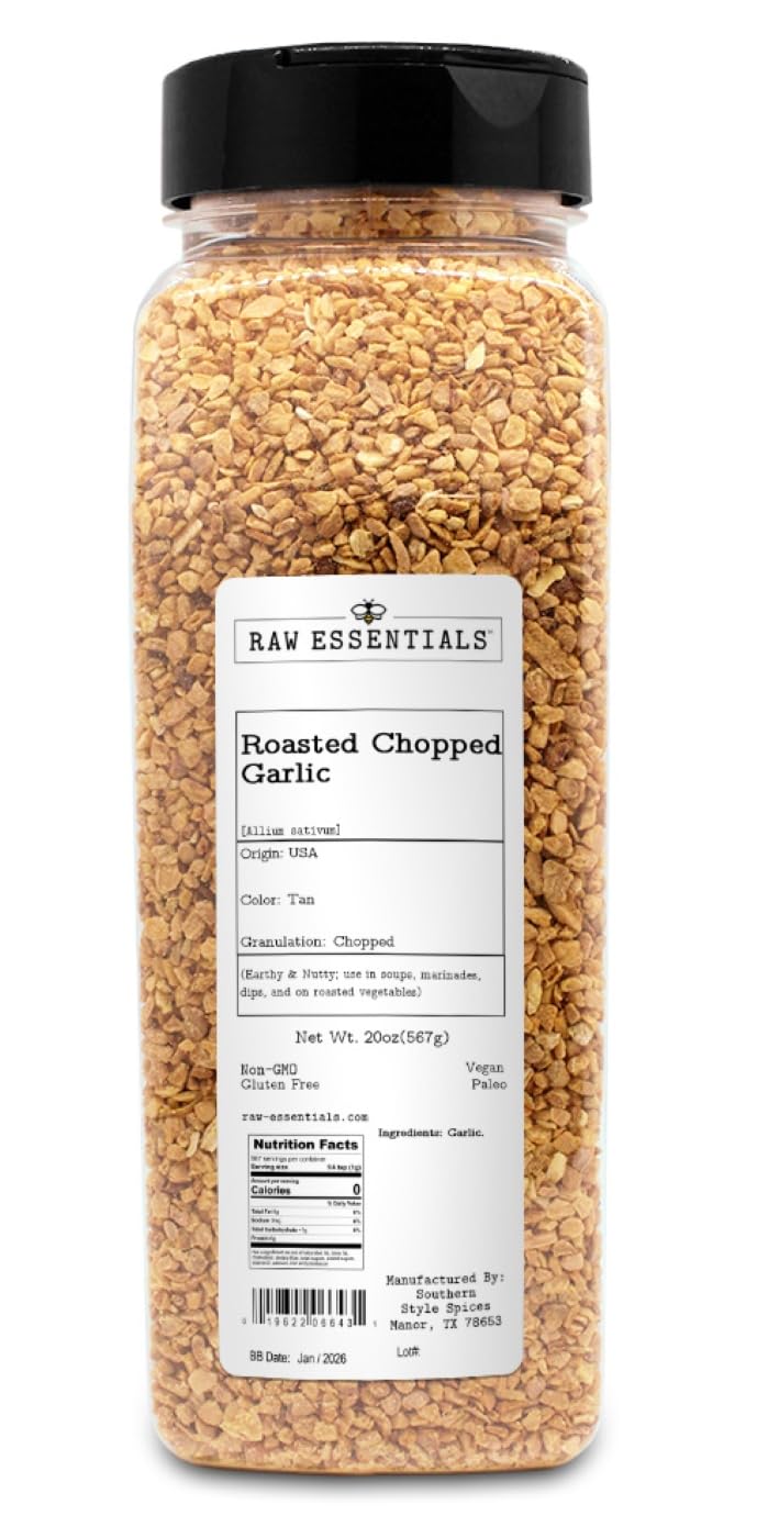 Raw Essentials Roasted Chopped Garlic - Earthy and Nutty Flavor for Soups, Marinades, Dips, and Vegetables - Non-GMO, Gluten-Free, Vegan, Paleo