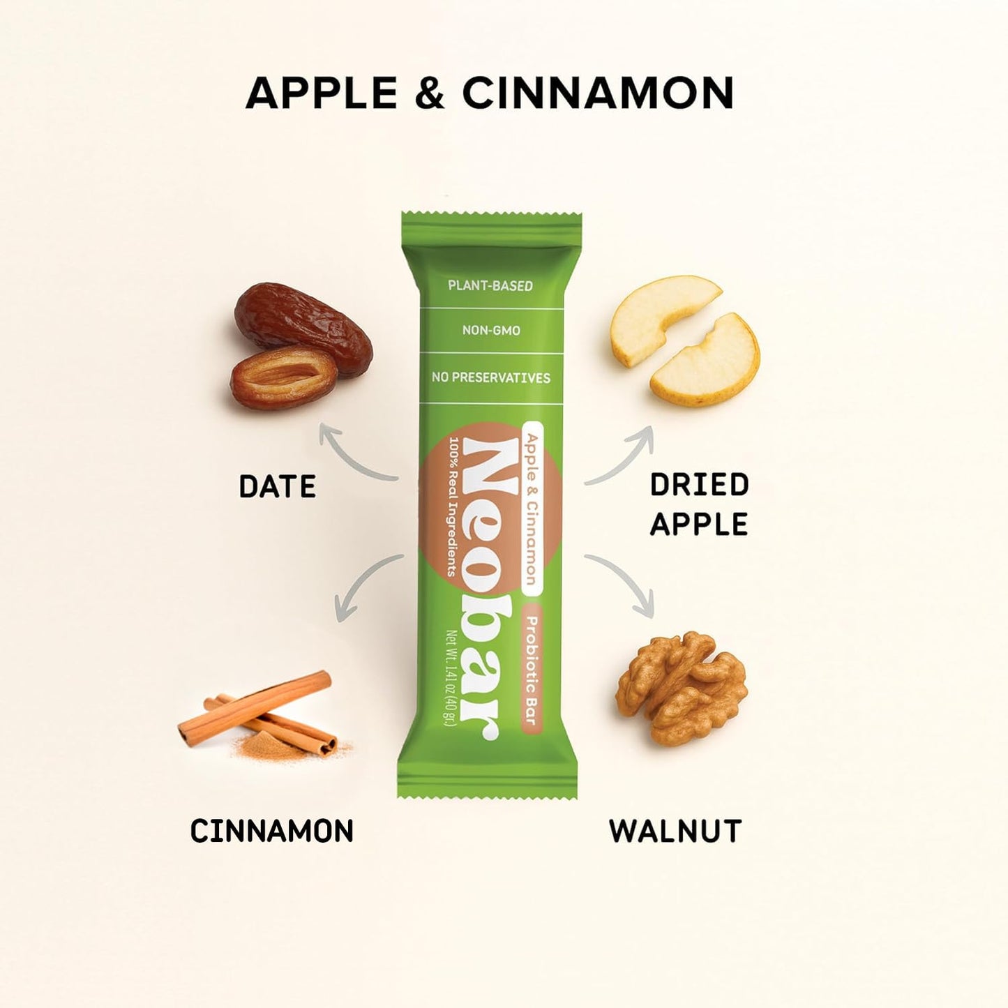 NEOBAR Apple Cinnamon Probiotic Bars - Plant-Based Vegan Snack Bars, Gluten Free Dairy Free Snacks, No Added Sugar, No Preservatives, Non-GMO |12