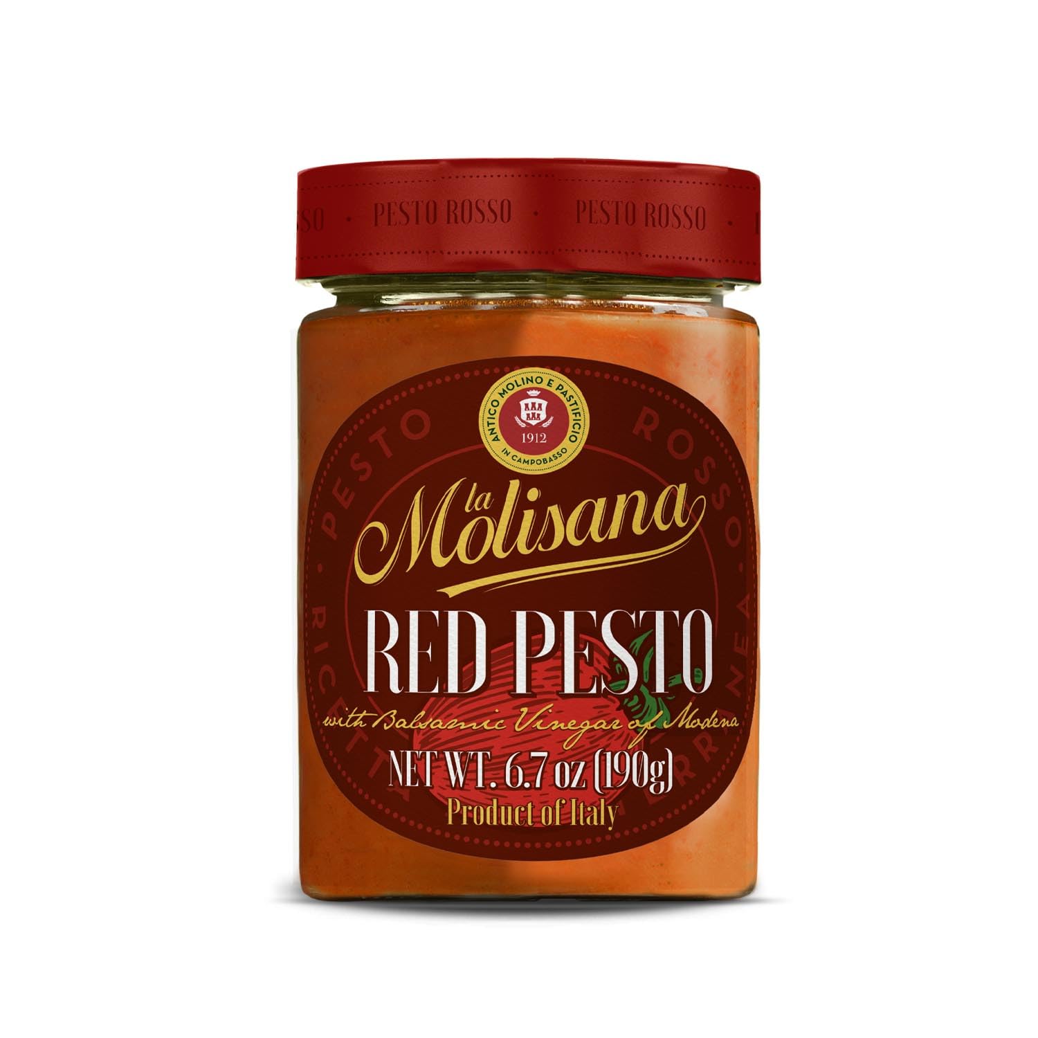 La Molisana Red Pesto Sauce, 6.7 oz, Italian Tomato Pesto with Basil & PDO Grana Padano and Pecorino Romano Cheese, Rich Mediterranean Flavor, Perfect