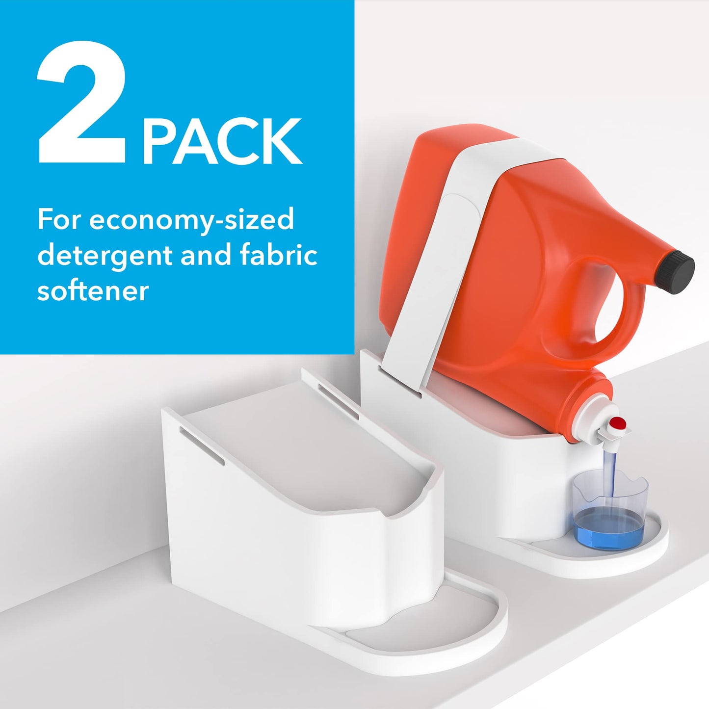 IMPRESA Laundry Detergent Stand - 2-Pack, White Drip Catcher & Liner, Laundry Detergent Storage - Hook & Loop Strap & Secure Grip Feet, Room
