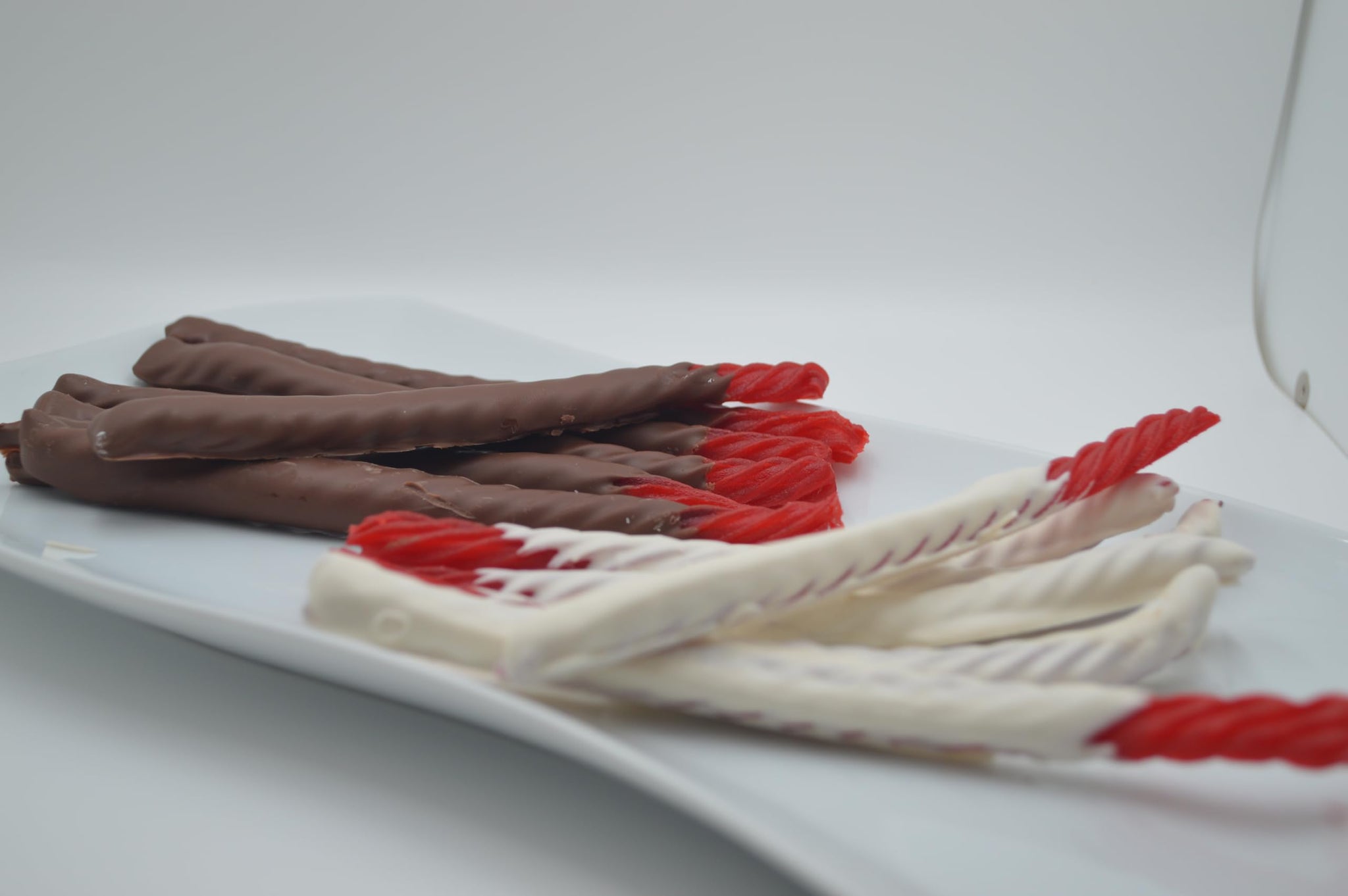 US Sweets Soft Red Licorice Dipped in Milk and White Chocolate | Gourmet Candy Treat | Delicious Gift | Handmade in Small Batches | Guaranteed