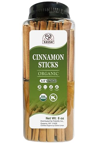52USA Organic Cinnamon Sticks, Cinnamon 8oz (226g), Cinnamon Sticks Whole, 100% Raw, USDA & Kosher Certified, Gluten Free, Non-GMO, Pure & Fresh