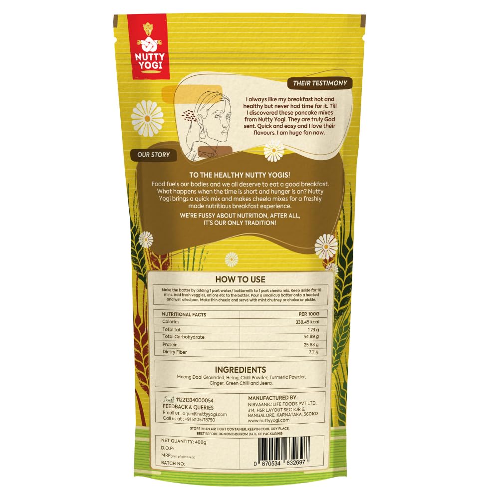 Nutty Yogi Moong Daal Cheela Mix 400G I Indian Pancake I Batter Mix I Healthy Breakfast I Protein Rich Healthy Food I Ready to Cook I Nutritious & Delicious Instant Food I