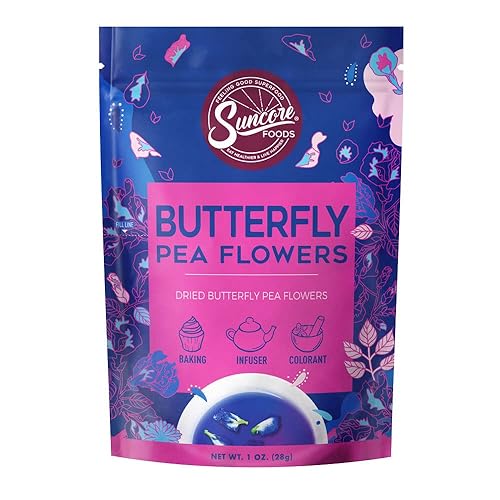 Suncore Foods Dried Butterfly Pea Flowers Bloom, Caffeine-Free Tea, Gluten-Free, Non-GMO, 1oz