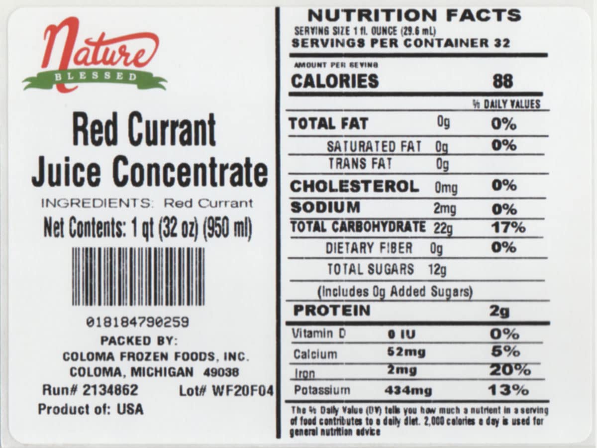 Nature Blessed 100% Pure Red Currant Concentrate - 1 Quart (1/32 fl oz bottle), Applications: Home Wine Making, Brewing, Distilling, Smoothies, Jelly