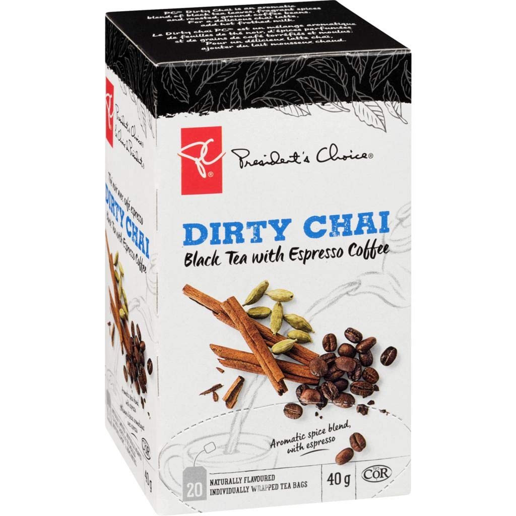 PC Dirty Chai Black Tea + Espresso Coffee, 20ct, 40g, Imported from Canada}