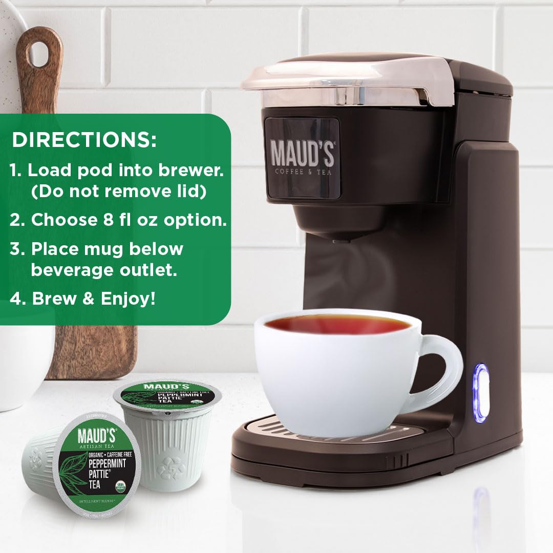 Maud's Organic Peppermint Tea Pods, 100 ct, Single Serve Pods - 100% Gourmet Blended Tea Leaves, Compatible with Keurig K Cups Maker