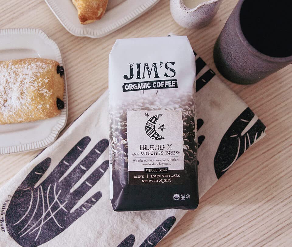 Jim’s Organic Coffee - Blend X AKA Witches Brew: Whole Bean Very Dark Roast (11oz) -100% Arabica Coffee Beans - USDA Certified Organic - Kosher