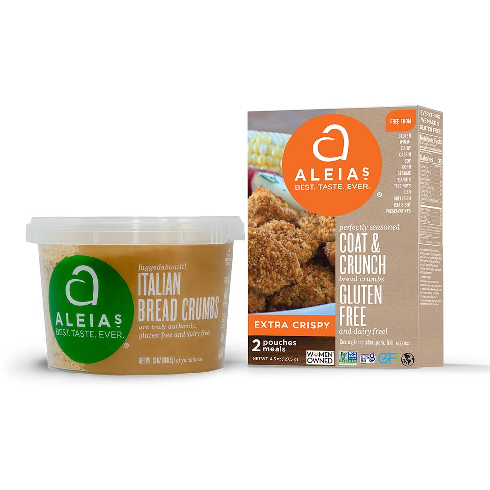 Aleia’s Gluten Free Coating & Breadcrumb Mix - Assorted 2 Pack - Includes Italian Bread Crumbs (13oz) & Extra Crispy Coating (4.5oz) - Ideal for Meat, Seafood & Veggies - Non-GMO, Dairy Free, Low Sodium, Kosher