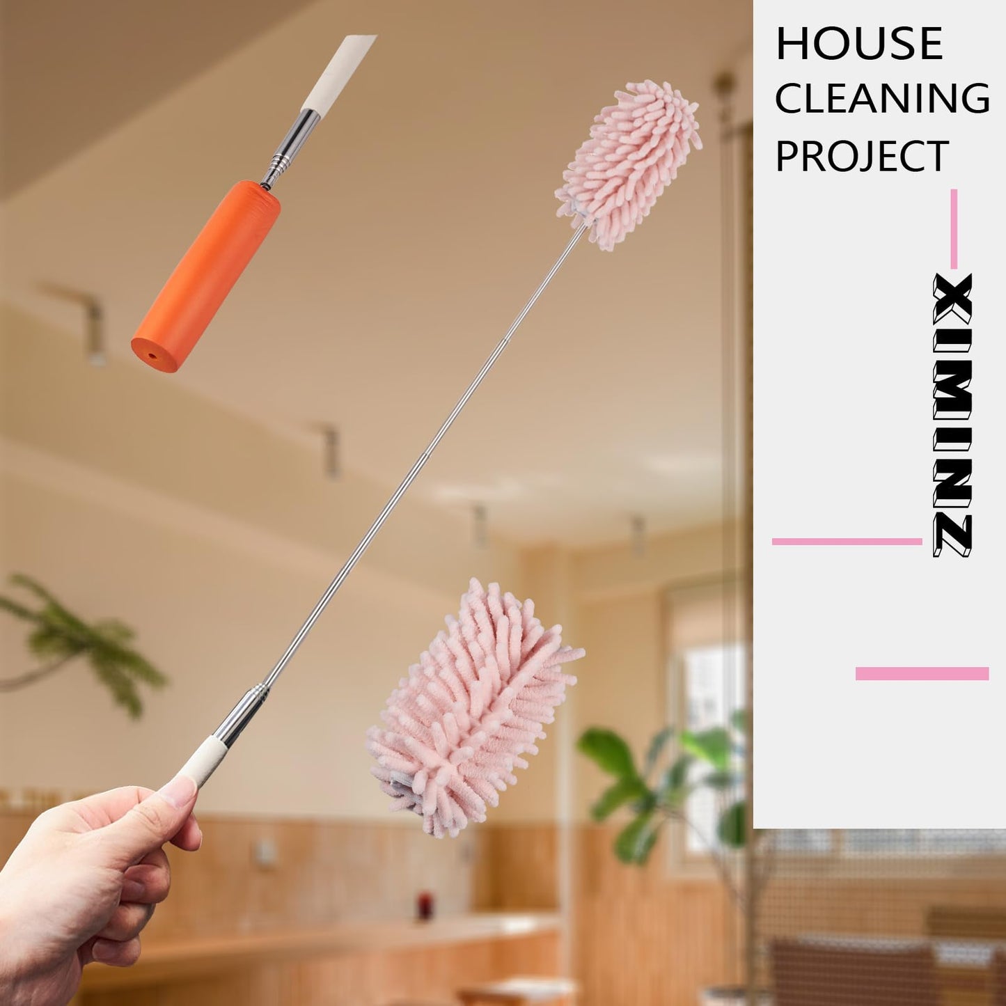 Pink Retractable Microfiber Duster for Cleaning Extendable Washable Hand Duster Feather Duster Cleaning Tool for Cleaning Office, Car, Window