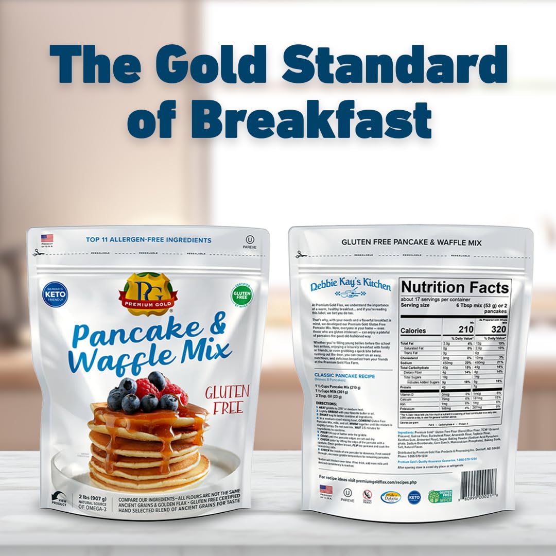 Premium Gold Gluten Free Pancake and Waffle Mix 2lb, Made of Ancient Grains & Golden Flax, Certified Gluten Free, Keto Friendly, Top 11 Allergen Free