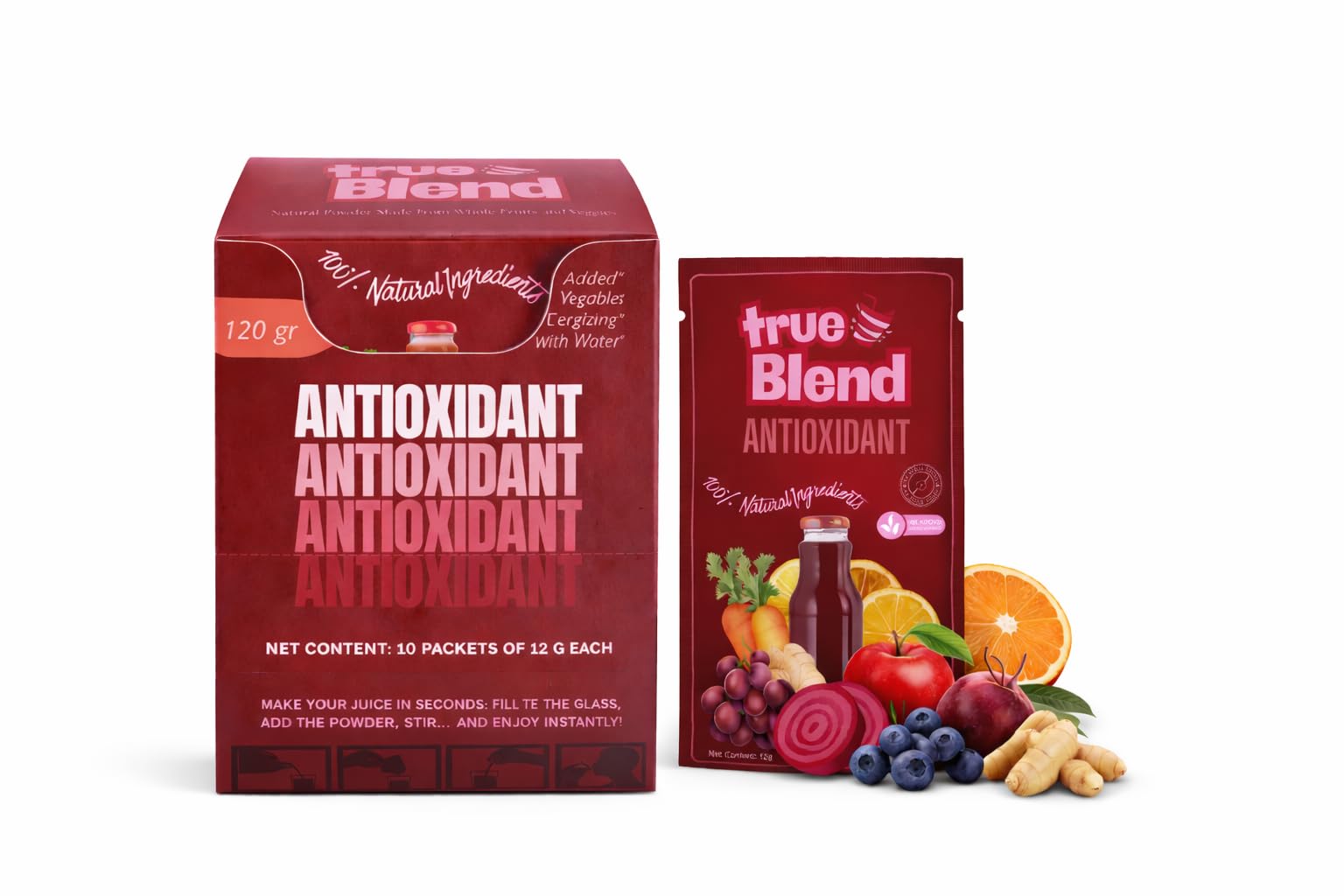 Antioxidant Juice Powder Drink Mix with Fiber - Red Fruit & Vegetable Blend (Beet, Acai & Berry), No Added Sugar, 10 Stick Packs | TrueBlend