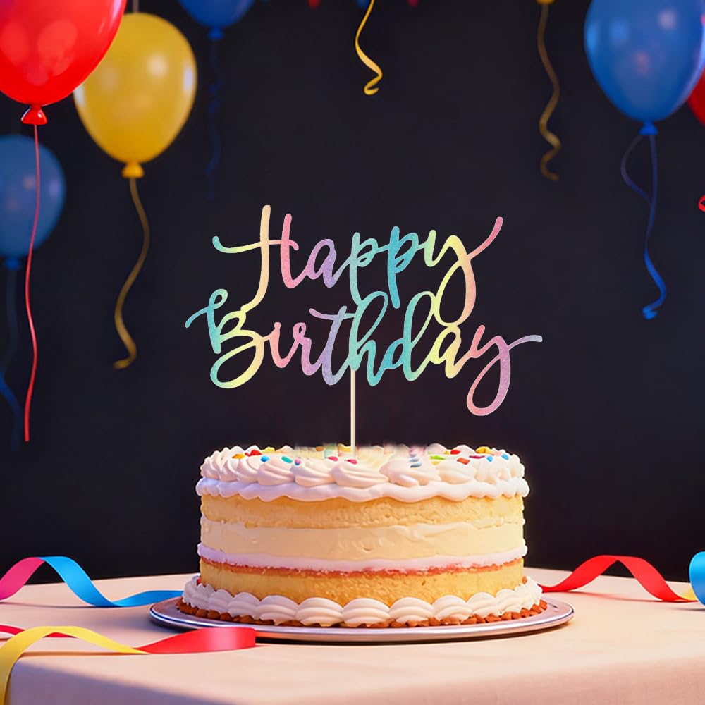 Auteby Rainbow Happy Birthday Cake Topper, Glitter Birthday Party Decoration Supplies