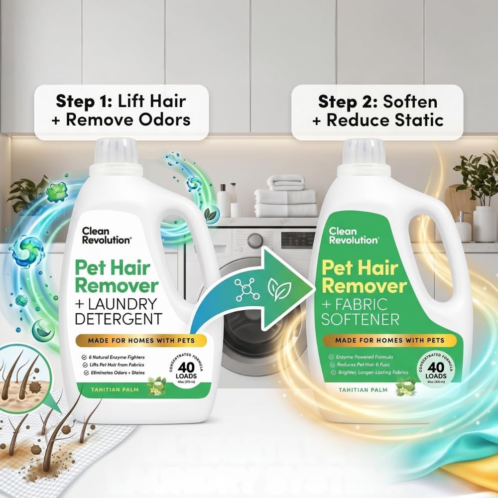Clean Revolution Pet Hair Remover for Laundry 2-Pack - Dog & Cat Hair Remover Laundry System, Enzyme Laundry Detergent & Fabric Softener, Odor