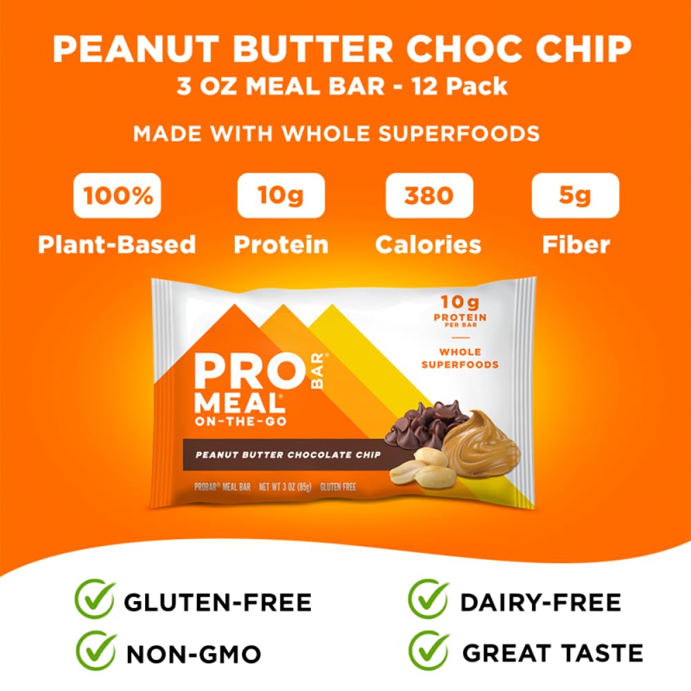PROBAR - MEAL Bar, Peanut Butter Chocolate Chip, Non-GMO, Gluten-Free, Healthy, Plant-Based, Whole-Food Ingredients, Natural Energy (12 Count)