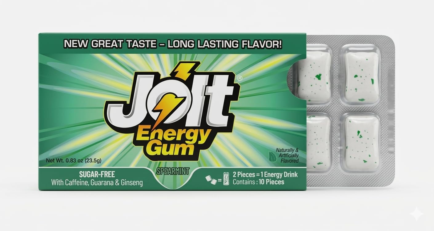 Jolt Energy Gum - Spearmint | The OG energy gum | With Caffeine, Guarana & Ginseng | 120 Sugar-Free pieces | Tastes good like a mint gum should | It's